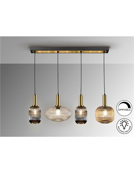 Plafonnier NORMA à 4 lampes en ligne, culot E27, intensité variable, laiton noir