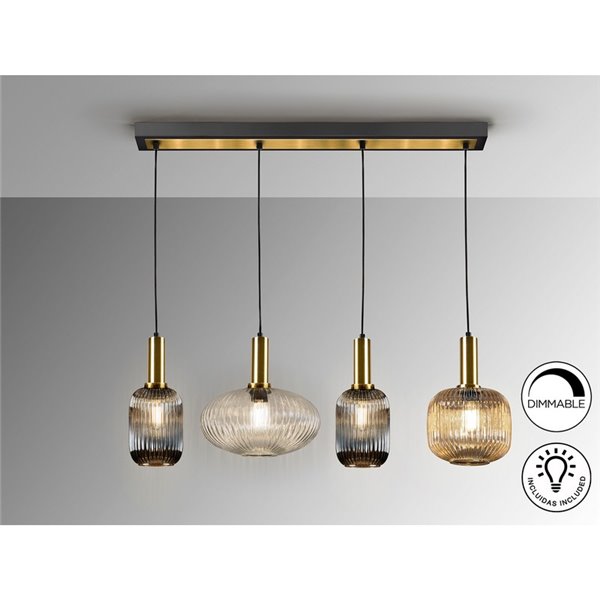 Plafonnier NORMA à 4 lampes en ligne, culot E27, intensité variable, laiton noir