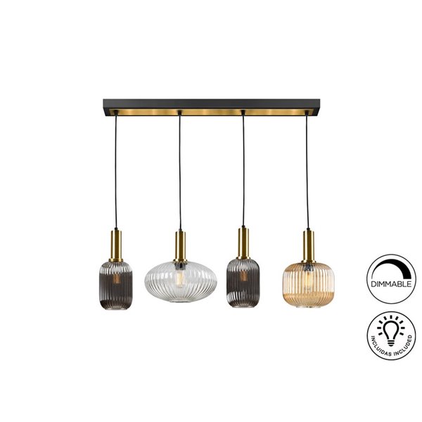 Luminária de teto NORMA com 4 lâmpadas em linha, soquete E27, dimerizável, latão preto.