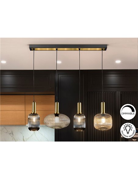 Luminária de teto NORMA com 4 lâmpadas em linha, soquete E27, dimerizável, latão preto.