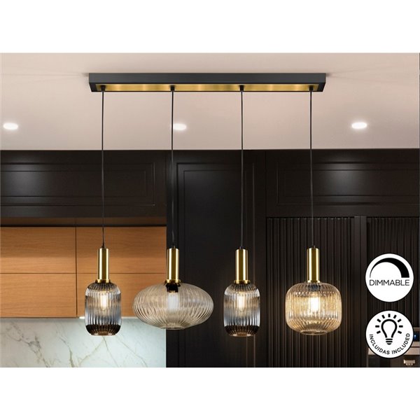 Plafonnier NORMA à 4 lampes en ligne, culot E27, intensité variable, laiton noir