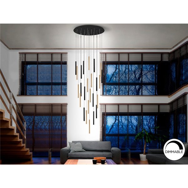 Luminária de teto LED VARAS com 25 lâmpadas, 125W, 3000K, nas cores dourada e preta.