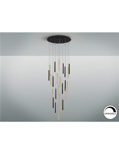 Luminária de teto LED VARAS com 25 lâmpadas, 125W, 3000K, nas cores dourada e preta.