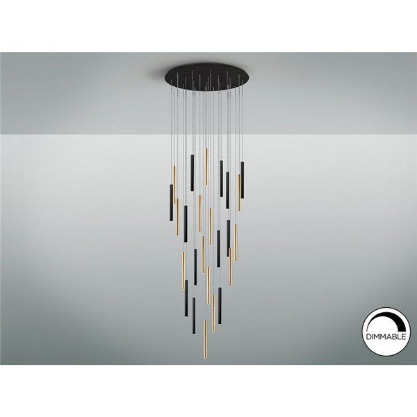 Luminária de teto LED VARAS com 25 lâmpadas, 125W, 3000K, nas cores dourada e preta.