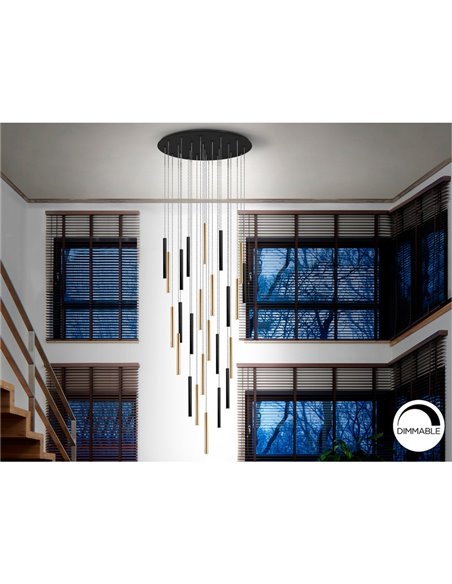 Luminária de teto LED VARAS com 25 lâmpadas, 125W, 3000K, nas cores dourada e preta.