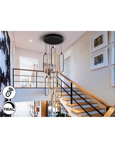 Luminária de teto LED COLETTE com 14 lâmpadas, 182W, 3000K, nas cores preto e ouro rosa.