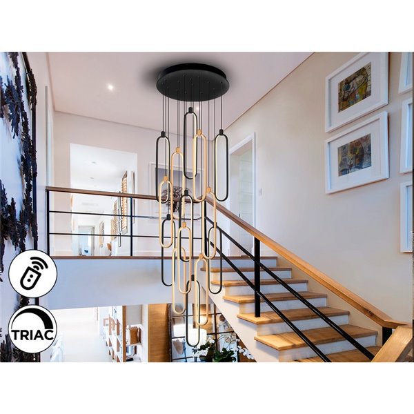 Luminária de teto LED COLETTE com 14 lâmpadas, 182W, 3000K, nas cores preto e ouro rosa.