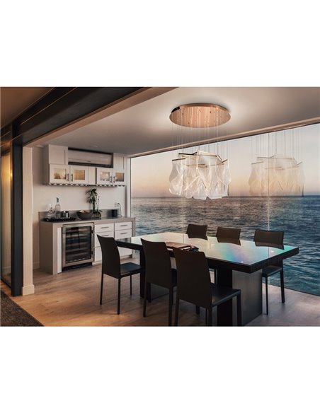 Luminária de teto LED VELOS com 14 lâmpadas, 68W, 3000K, dimerizável, cor ouro rosa.