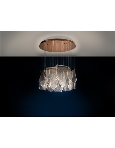 Luminária de teto LED VELOS com 14 lâmpadas, 68W, 3000K, dimerizável, cor ouro rosa.