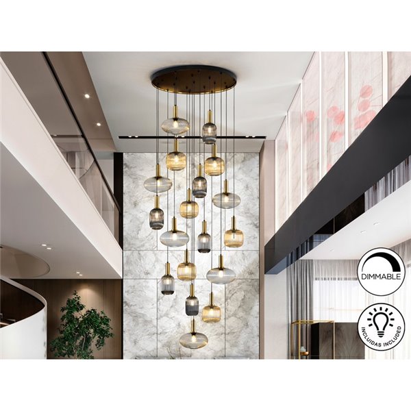 Plafonnier NORMA 18 lumières E27 à intensité variable, noir et laiton