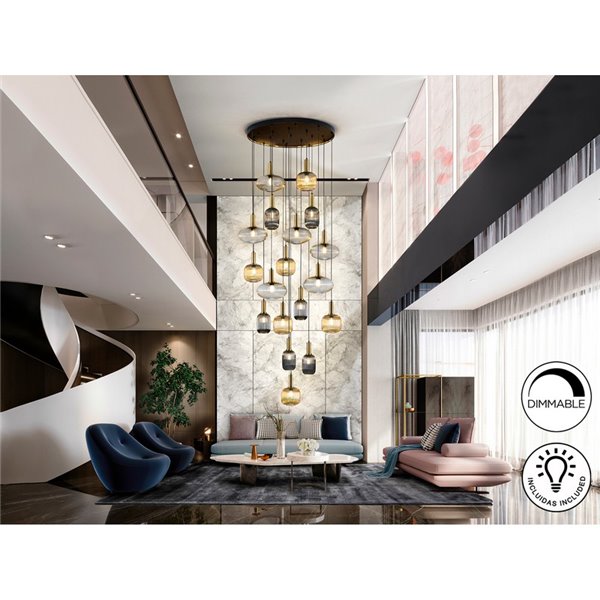 Luminária de teto NORMA com 18 lâmpadas, soquete E27, dimerizável, nas cores preto e latão.