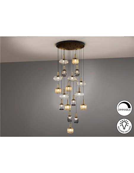 Luminária de teto NORMA com 18 lâmpadas, soquete E27, dimerizável, nas cores preto e latão.