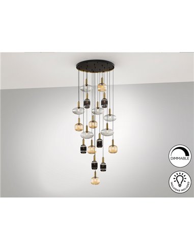 Luminária de teto NORMA com 18 lâmpadas, soquete E27, dimerizável, nas cores preto e latão.