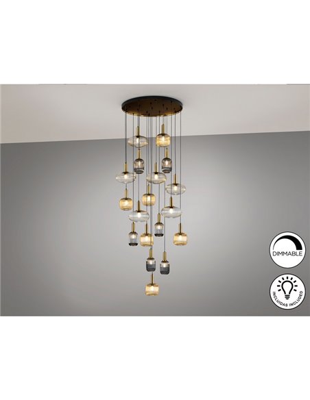 Luminária de teto NORMA com 18 lâmpadas, soquete E27, dimerizável, nas cores preto e latão.