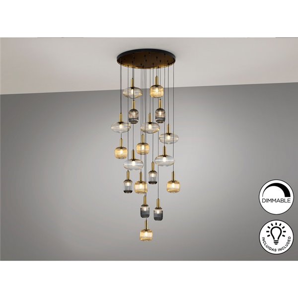 Luminária de teto NORMA com 18 lâmpadas, soquete E27, dimerizável, nas cores preto e latão.