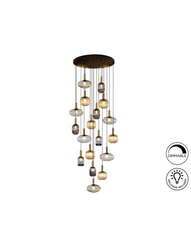 Luminária de teto NORMA com 18 lâmpadas, soquete E27, dimerizável, nas cores preto e latão.