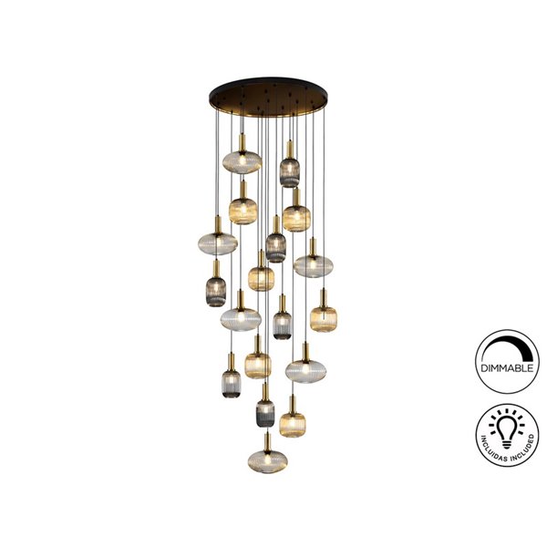 Luminária de teto NORMA com 18 lâmpadas, soquete E27, dimerizável, nas cores preto e latão.