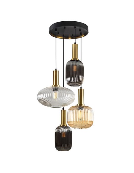 Luminária de teto NORMA com 4 lâmpadas e cúpulas de vidro Ø56cm E27, dimerizável, IP20, preta e latão.