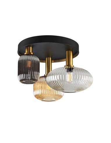 Plafón de techo 3 luces NORMA con tulipas cristal Ø56cm E27 dimable IP20 Negro y latón 