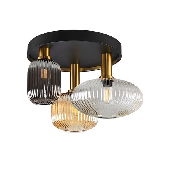 Luminária de teto NORMA com 3 lâmpadas e cúpulas de vidro Ø56cm E27, dimerizável, IP20, preta e latão.