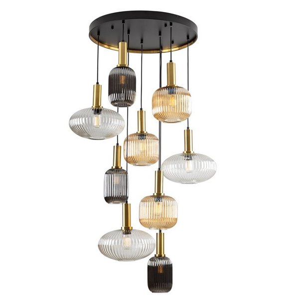 Plafonnier NORMA à 9 lumières, culot E27 à intensité variable, Ø80cm, laiton noir, IP20