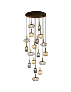 Luminária de teto NORMA com 18 lâmpadas, soquete E27, dimerizável, nas cores preto e latão.