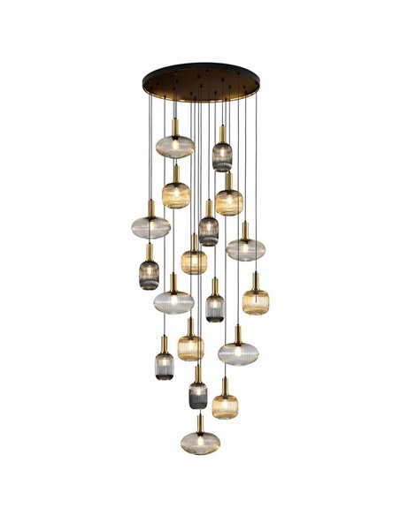 Luminária de teto NORMA com 18 lâmpadas, soquete E27, dimerizável, nas cores preto e latão.