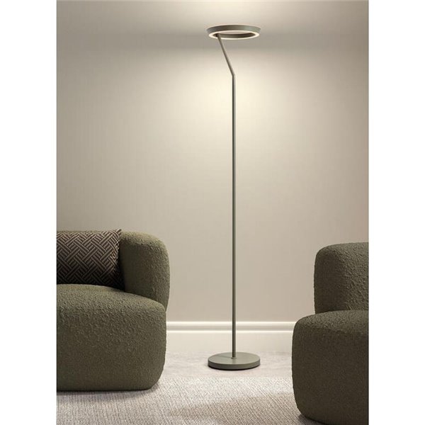 Luminária de chão SATURN S verde musgo com anel de luz circular, 40W, 4800 lúmens, temperatura de cor 2700K/4000K.