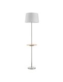 Lampadaire A&C ROMESA avec table ronde et chargement USB, chromé, table naturelle et abat-jour blanc, E27 (non inclus)