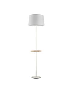Lampadaire A&C ROMESA avec table ronde et chargement USB, chromé, table naturelle et abat-jour blanc, E27 (non inclus)