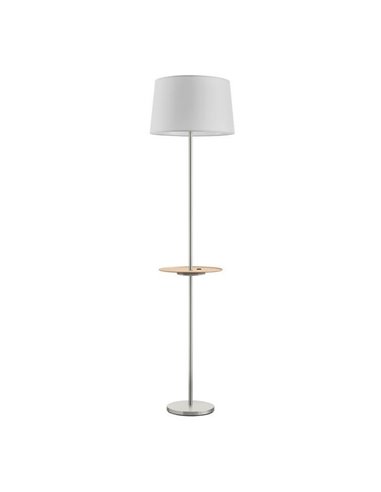 Lampadaire A&C ROMESA avec table ronde et chargement USB, chromé, table naturelle et abat-jour blanc, E27 (non inclus)