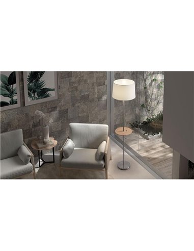 Lampadaire A&C ROMESA avec table ronde et chargement USB, chromé, table naturelle et abat-jour blanc, E27 (non inclus)