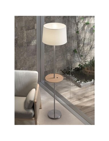 Lampadaire A&C ROMESA avec table ronde et chargement USB, chromé, table naturelle et abat-jour blanc, E27 (non inclus)