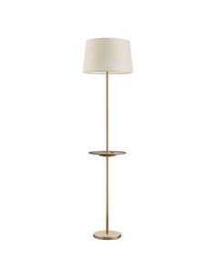 Lampadaire en laiton A&C ROMESA avec table ronde et chargement USB, table en noyer et abat-jour crème, ampoule E27 (non incluse)