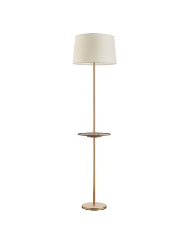 Lampadaire en laiton A&C ROMESA avec table ronde et chargement USB, table en noyer et abat-jour crème, ampoule E27 (non incluse)