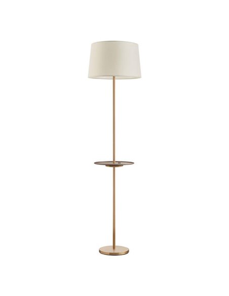Lampadaire en laiton A&C ROMESA avec table ronde et chargement USB, table en noyer et abat-jour crème, ampoule E27 (non incluse)