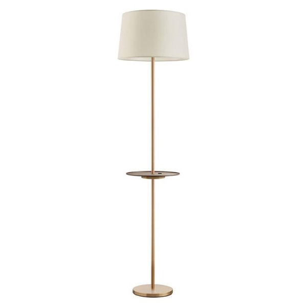Lampadaire en laiton A&C ROMESA avec table ronde et chargement USB, table en noyer et abat-jour crème, ampoule E27 (non incluse)