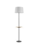Lampadaire A&C ROMESA avec table ronde et chargement USB, noir, table naturelle et abat-jour blanc, E27 (non inclus)