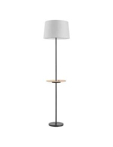 Lampadaire A&C ROMESA avec table ronde et chargement USB, noir, table naturelle et abat-jour blanc, E27 (non inclus)