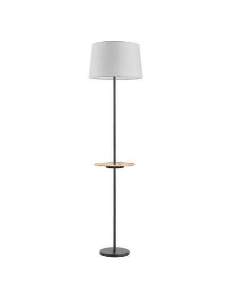 Lampadaire A&C ROMESA avec table ronde et chargement USB, noir, table naturelle et abat-jour blanc, E27 (non inclus)