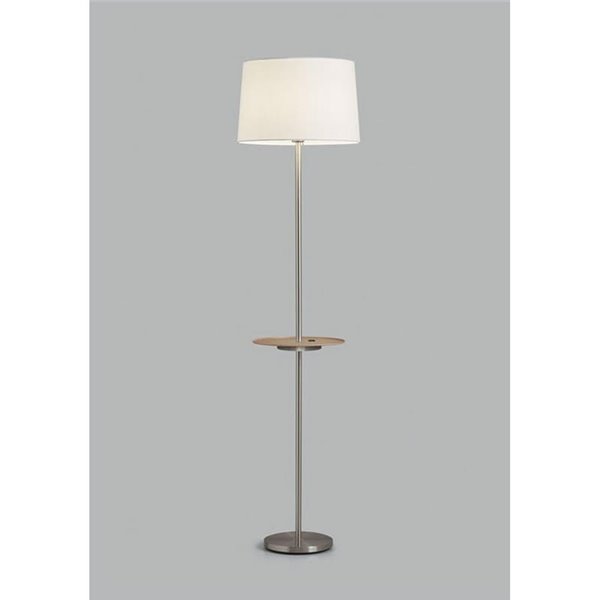 Lampadaire A&C ROMESA avec table ronde et chargement USB, noir, table naturelle et abat-jour blanc, E27 (non inclus)