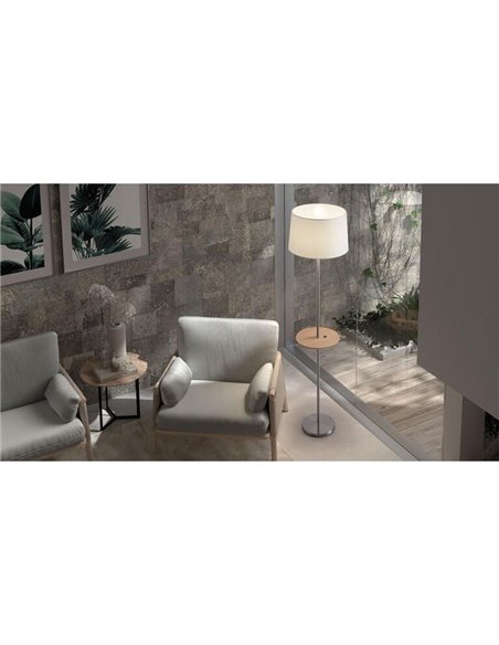 Lampadaire A&C ROMESA avec table ronde et chargement USB, noir, table naturelle et abat-jour blanc, E27 (non inclus)