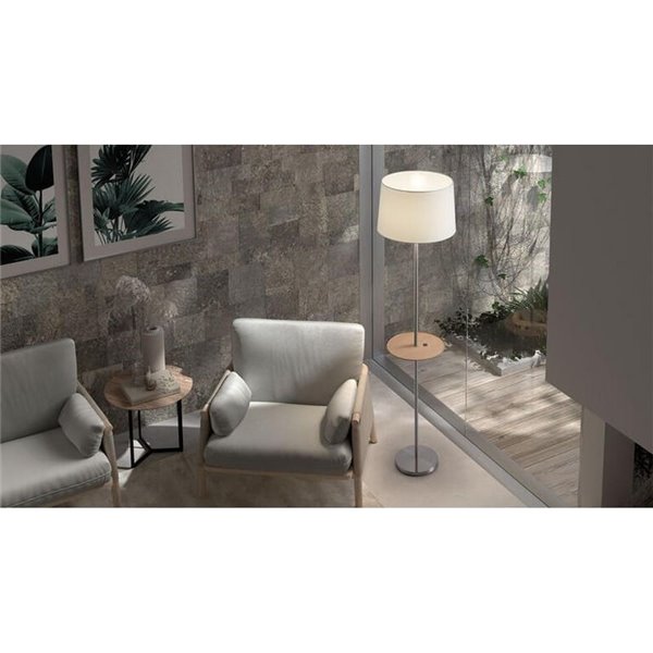 Lampadaire A&C ROMESA avec table ronde et chargement USB, noir, table naturelle et abat-jour blanc, E27 (non inclus)