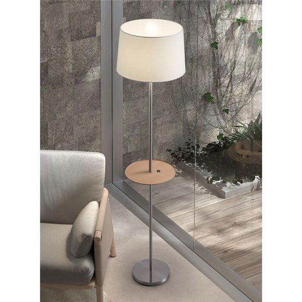 Lampadaire A&C ROMESA avec table ronde et chargement USB, noir, table naturelle et abat-jour blanc, E27 (non inclus)