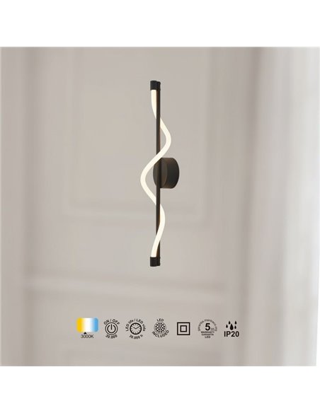 Luminária de parede decorativa LED preta FUGAZ, 7W 3000K 840Lm, luz ondulada com fita flexível.