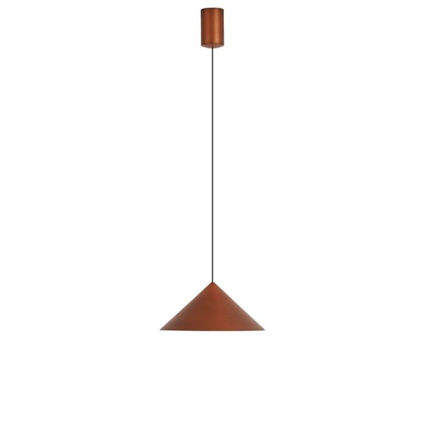 Luminária de teto pendente LED CONE em cobre Ø24cm, formato cônico, 10W, 3000K, dimerizável, TRIAC