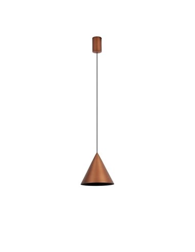 Luminária de teto pendente cônica de LED, 10W, cone de cobre Ø18cm, 3000K, design moderno e dimerizável por TRIAC.