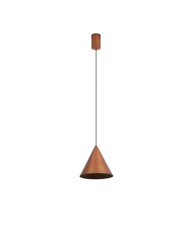 Luminária de teto pendente cônica de LED, 10W, cone de cobre Ø18cm, 3000K, design moderno e dimerizável por TRIAC.