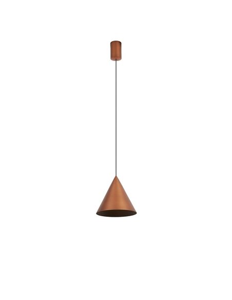 Suspension LED conique 10 W, cône en cuivre Ø 18 cm, 3000 K, design moderne et variateur TRIAC