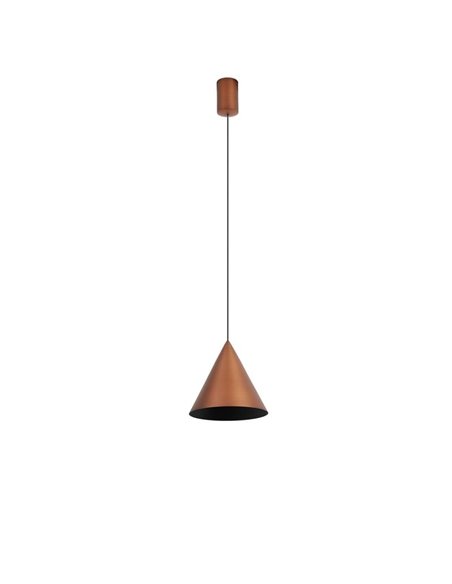 Luminária de teto pendente cônica de LED, 10W, cone de cobre Ø18cm, 3000K, design moderno e dimerizável por TRIAC.